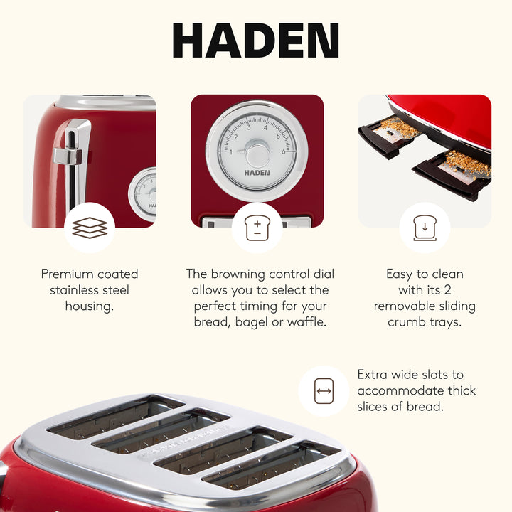 Haden Dorset 4 Slice Wide Slot Stainless Steel Toaster w/Crumb Tray,Red(Damaged) - VMInnovations