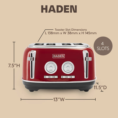 Haden Dorset 4 Slice Wide Slot Stainless Steel Toaster w/Crumb Tray,Red(Damaged)