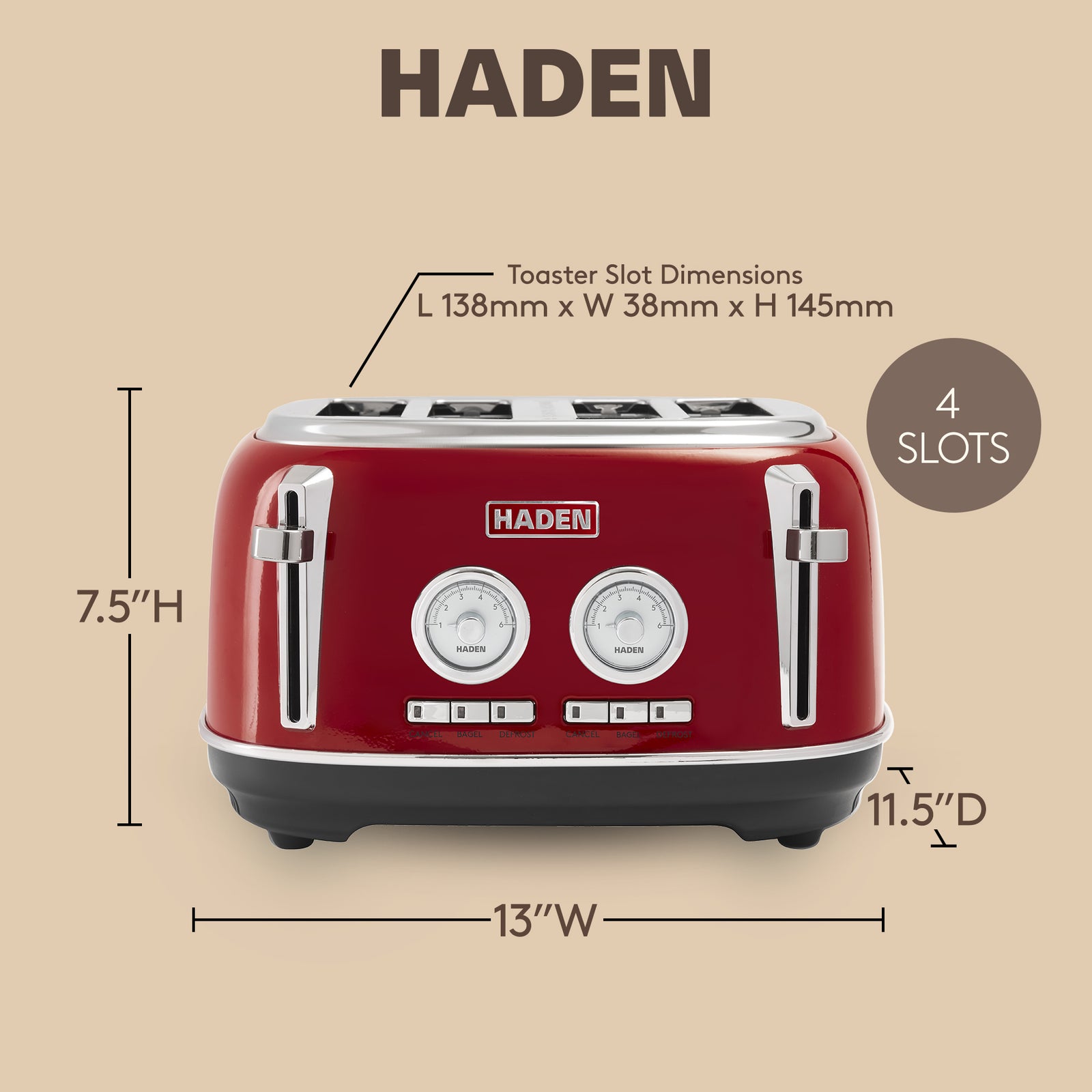 Haden Dorset 4 Slice Wide Slot Stainless Steel Toaster w/Crumb Tray,Red(Damaged) - VMInnovations