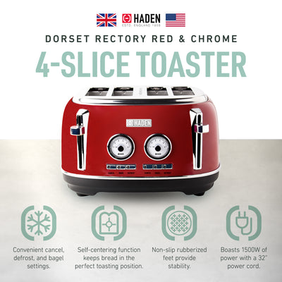 Haden Dorset 4 Slice Wide Slot Stainless Steel Toaster w/ Crumb Tray, Red (Used)