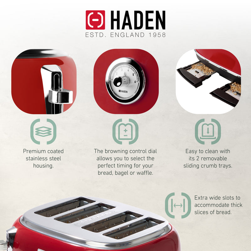 Haden Dorset 4 Slice Wide Slot Stainless Steel Toaster w/ Crumb Tray, Red (Used)