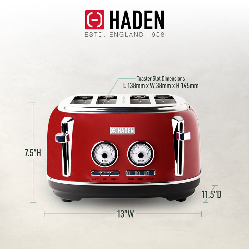 Haden Dorset 4 Slice Wide Slot Stainless Steel Toaster w/ Crumb Tray, Red (Used)