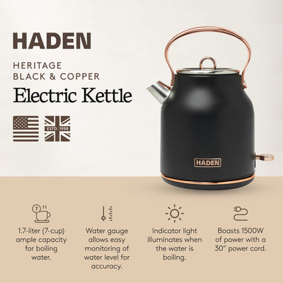 Haden Heritage 1.7L Stainless Steel Electric Water Tea Kettle, Black & Copper