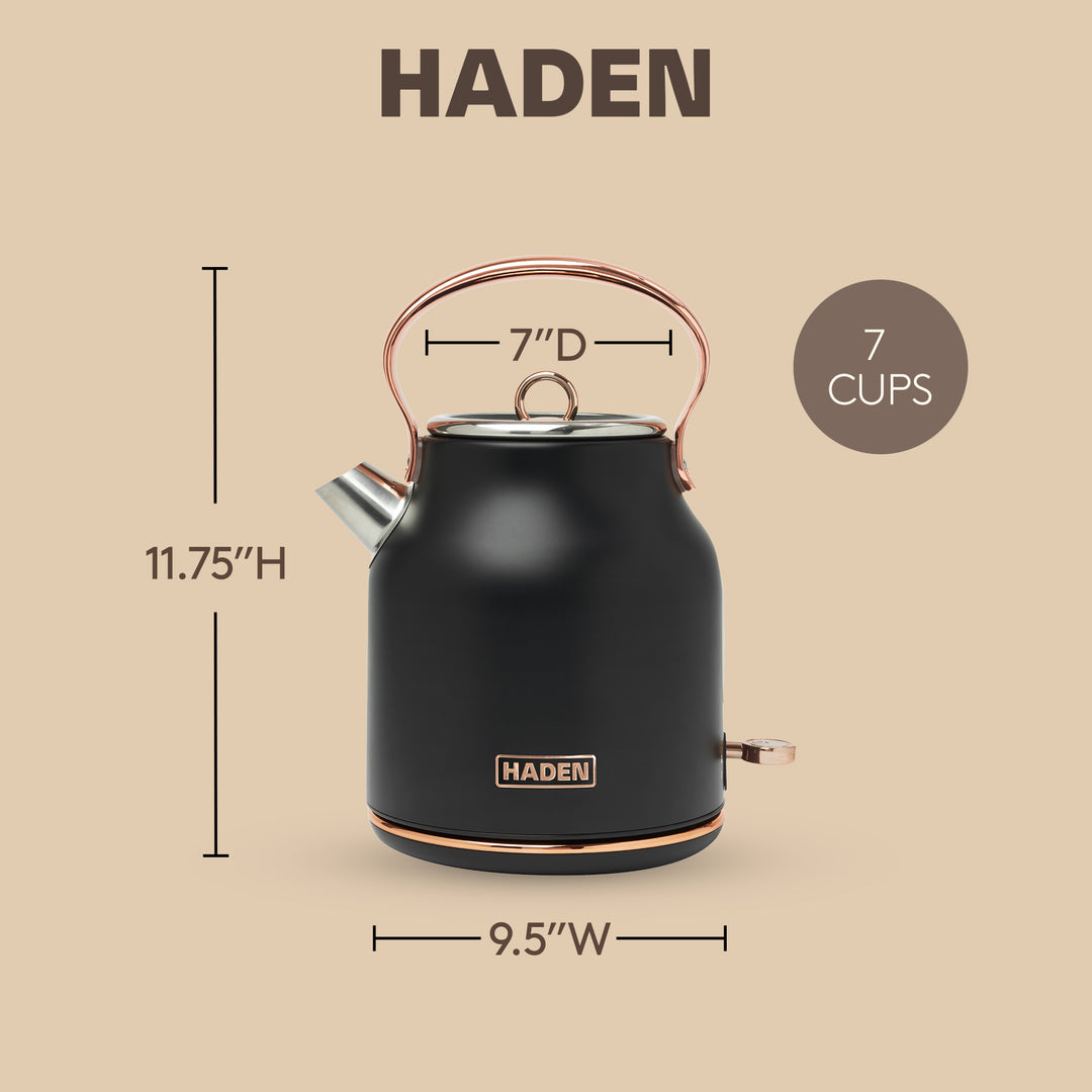Haden Heritage 1.7L Stainless Steel Electric Water Tea Kettle, Black & Copper