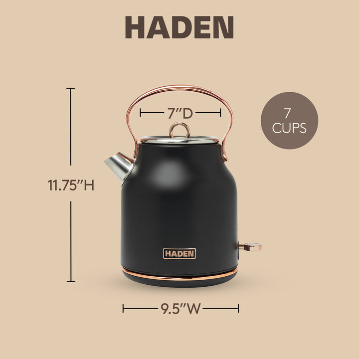 Haden Heritage 1.7L Stainless Steel Electric Water Tea Kettle, Black & Copper