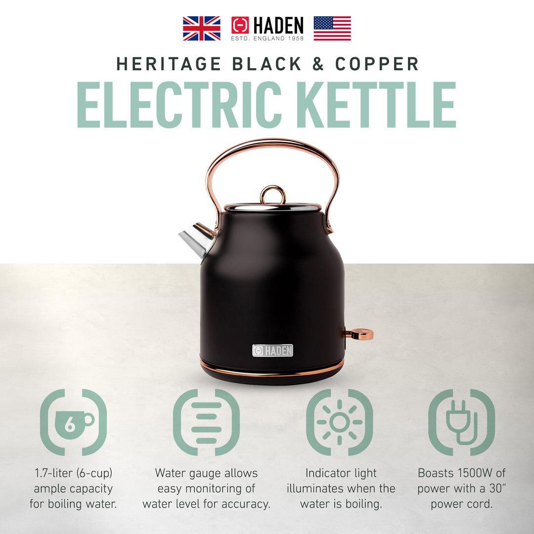 Haden Heritage Stainless Electric Water/Tea Kettle, Copper and Black (Open Box)