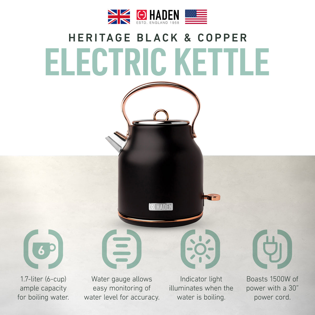 Haden Heritage Stainless Steel Electric Water and Tea Kettle, Copper and Black (Refurbished)