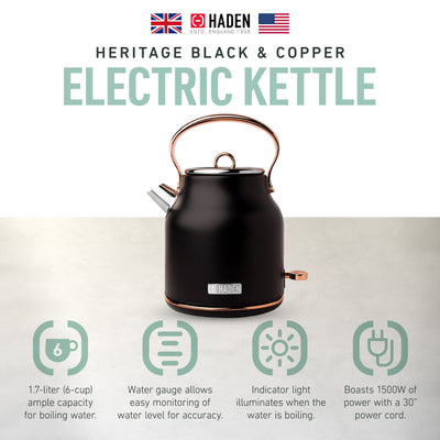 Haden Heritage 1.7L Stainless Steel Electric Water Kettle, Black & Copper