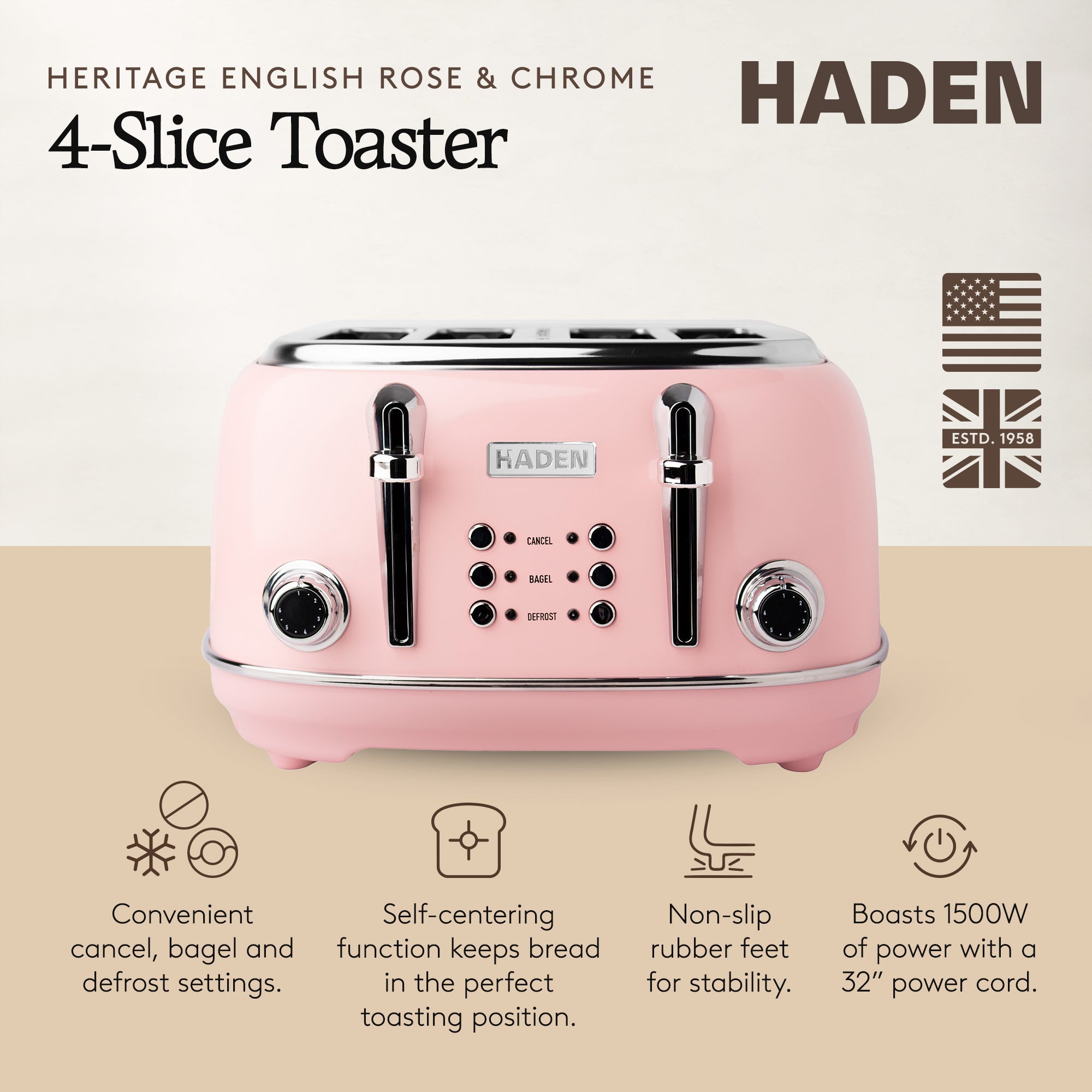 Haden Heritage 4 Slice Wide Slot Stainless Steel Toaster, English Rose - VMInnovations