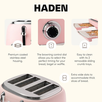 Haden Heritage 4 Slice Wide Slot Stainless Steel Toaster, English Rose - VMInnovations