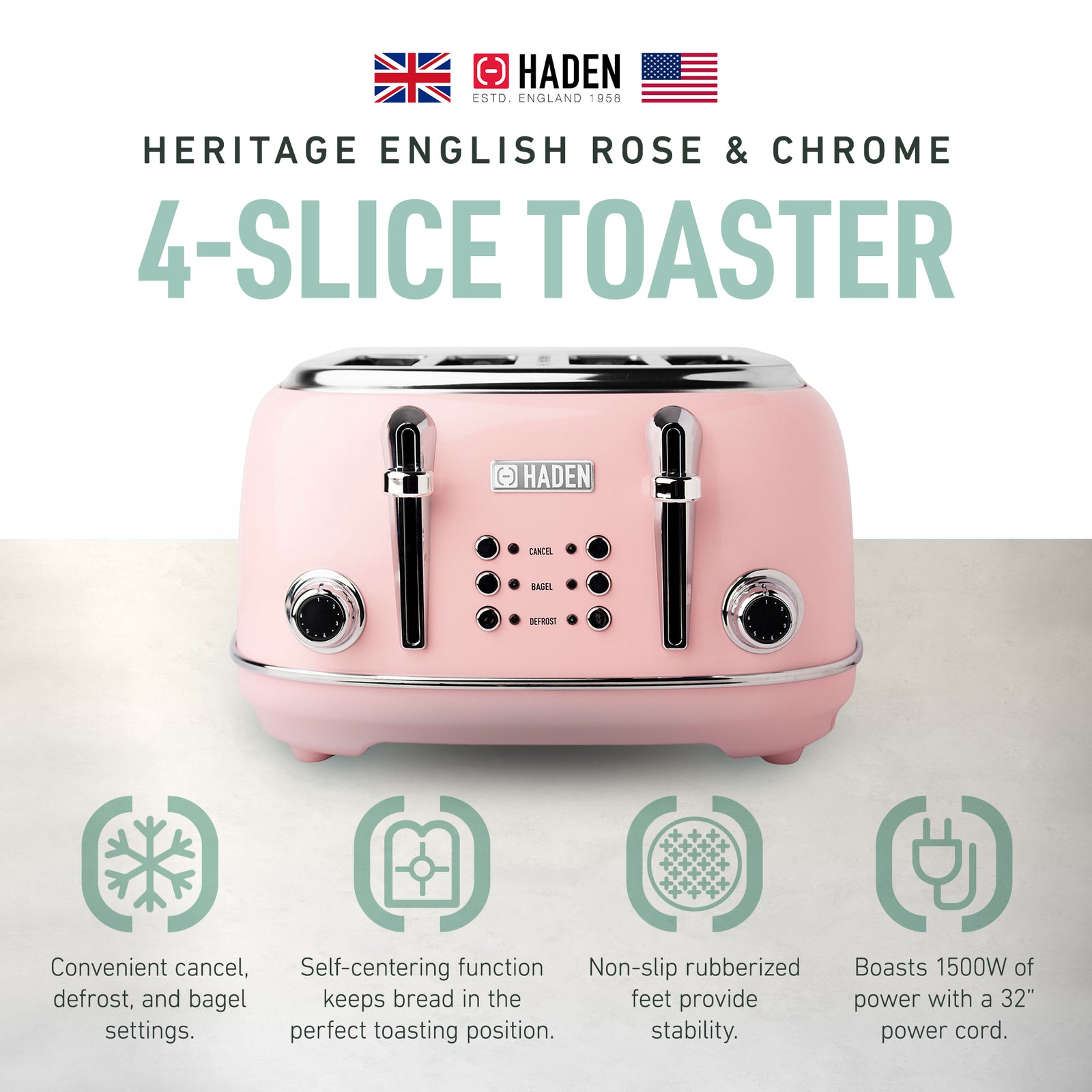 Haden Heritage 4 Slice Wide Slot Stainless Steel Toaster w/ Defrost, Pink (Used) - VMInnovations