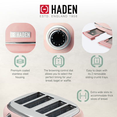 Haden Heritage 4 Slice Wide Slot Stainless Steel Toaster, Pink (Open Box)