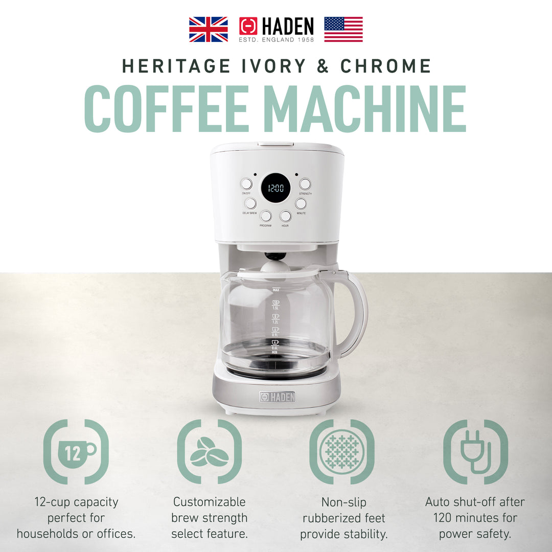 Haden Coffee Machine, 12 Cup Programmable Drip Coffee Maker, Ivory & Chrome