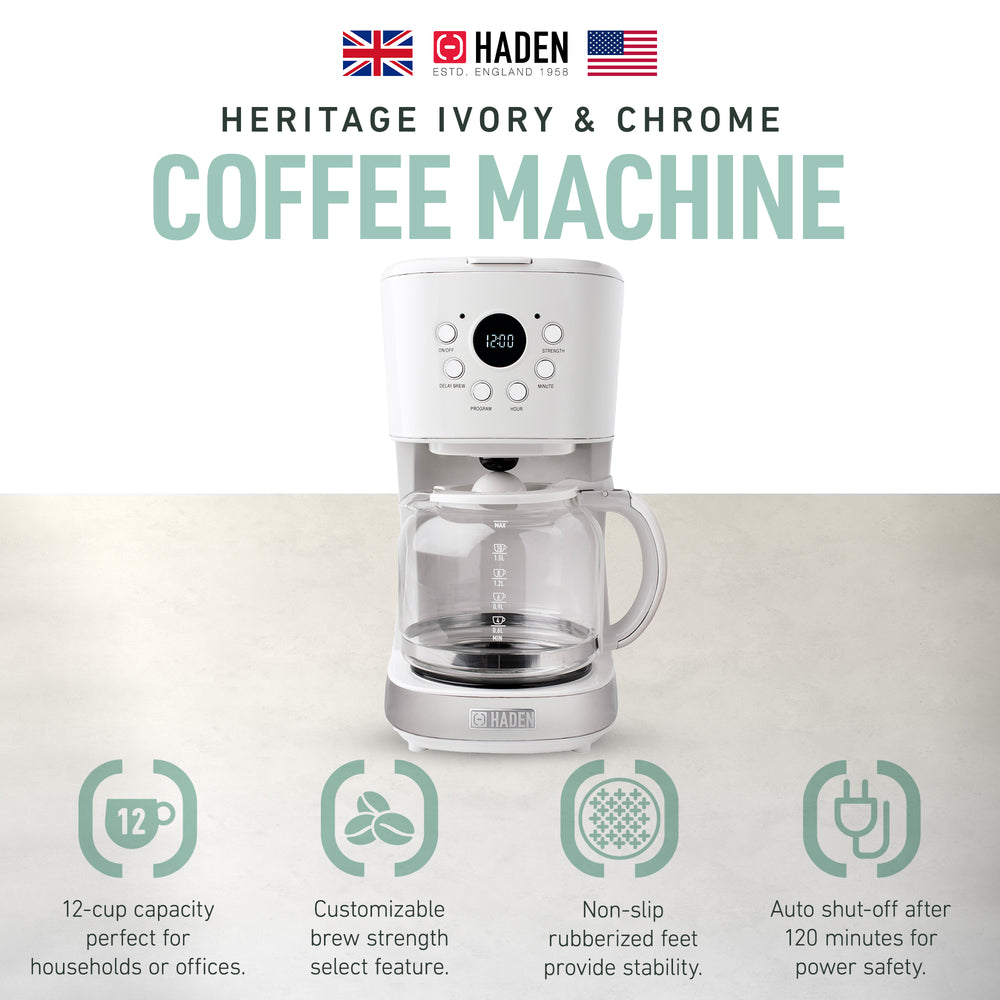 Haden Coffee Machine, 12 Cup Programmable Drip Coffee Maker, Ivory & Chrome - VMInnovations