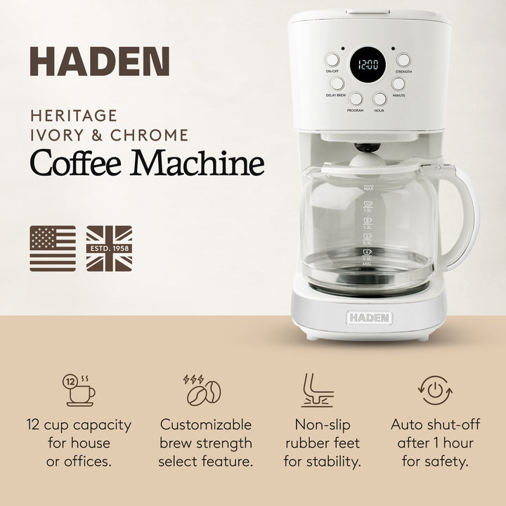Haden 12 Cup Programmable Coffee Maker & Brew Strength Control , Ivory(Open Box) - VMInnovations