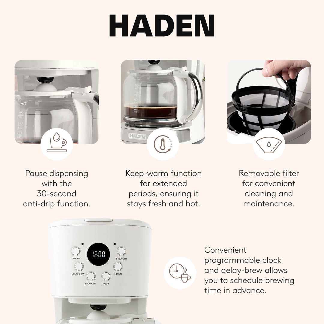 Haden 12 Cup Programmable Coffee Maker & Brew Strength Control , Ivory(Open Box) - VMInnovations