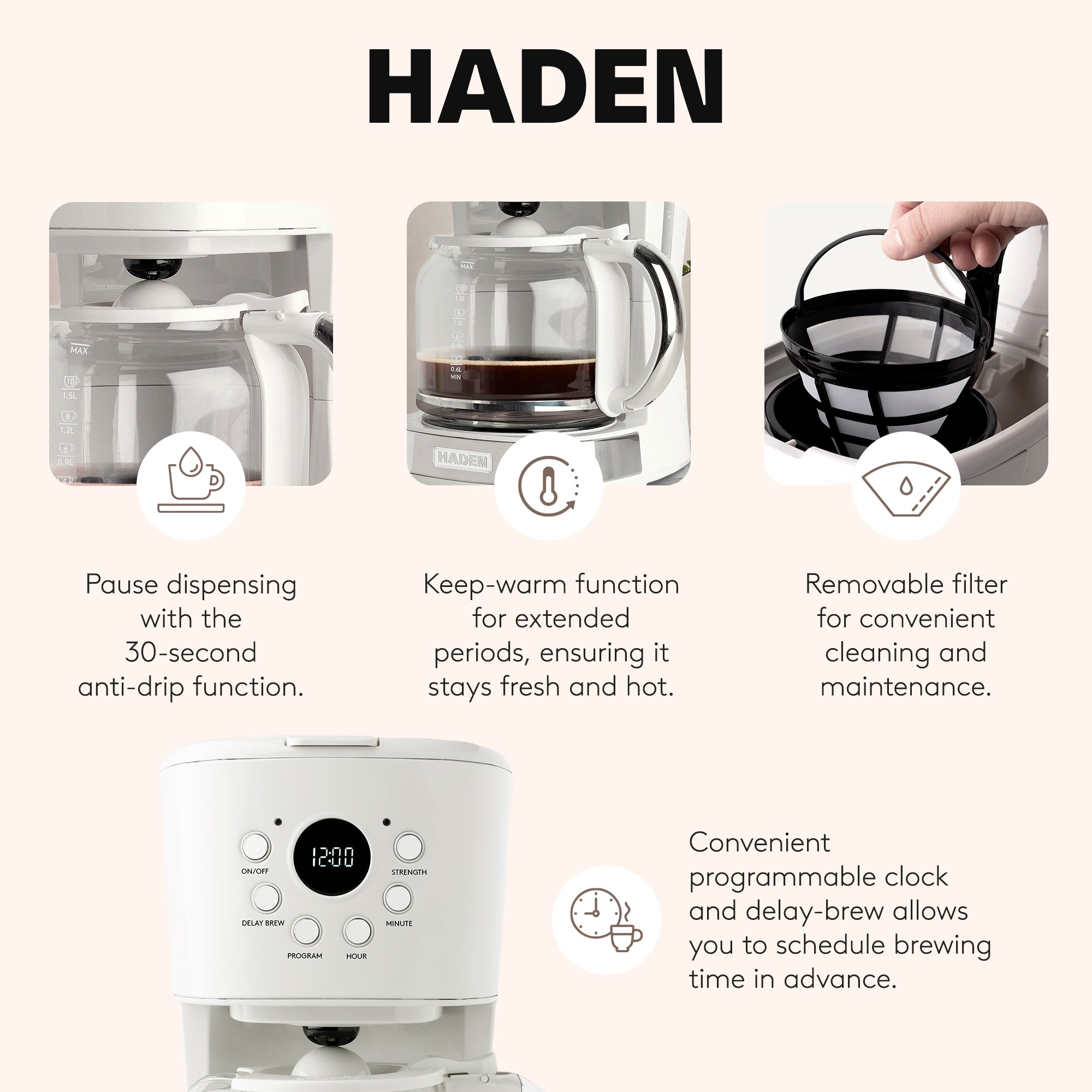 Haden Programmable Drip Coffee Maker, 12 Cup & 0.7 Cu Ft Microwave, Ivory/Chrome - VMInnovations
