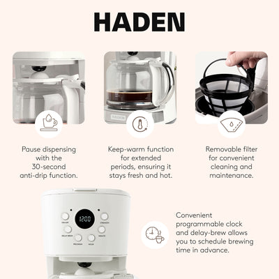 Haden 12 Cup Programmable Coffee Maker w/ Brew Strength Control, Ivory(Open Box) - VMInnovations