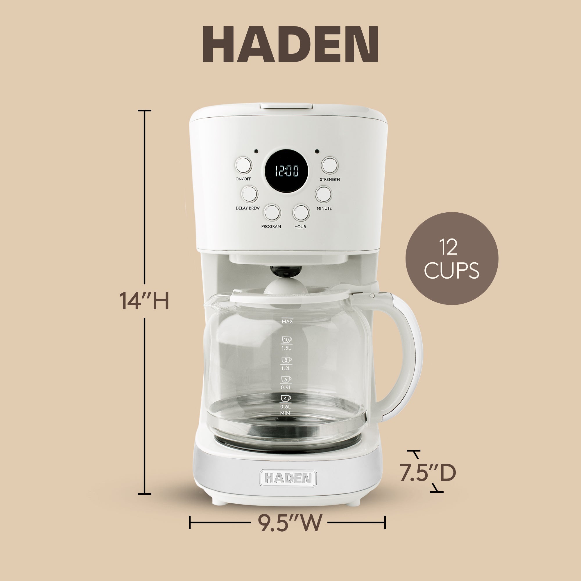 Haden 12 Cup Programmable Coffee Maker w/ Brew Strength Control, Ivory(Open Box) - VMInnovations