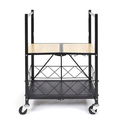 Origami Foldable Wheeled Portable Wood Top Rolling Entertainment Cart, Black