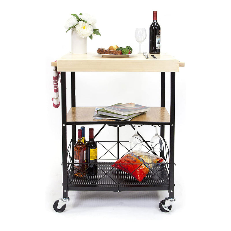 Origami Foldable Wheeled Wood Top Rolling Entertainment Cart, Black (Open Box)