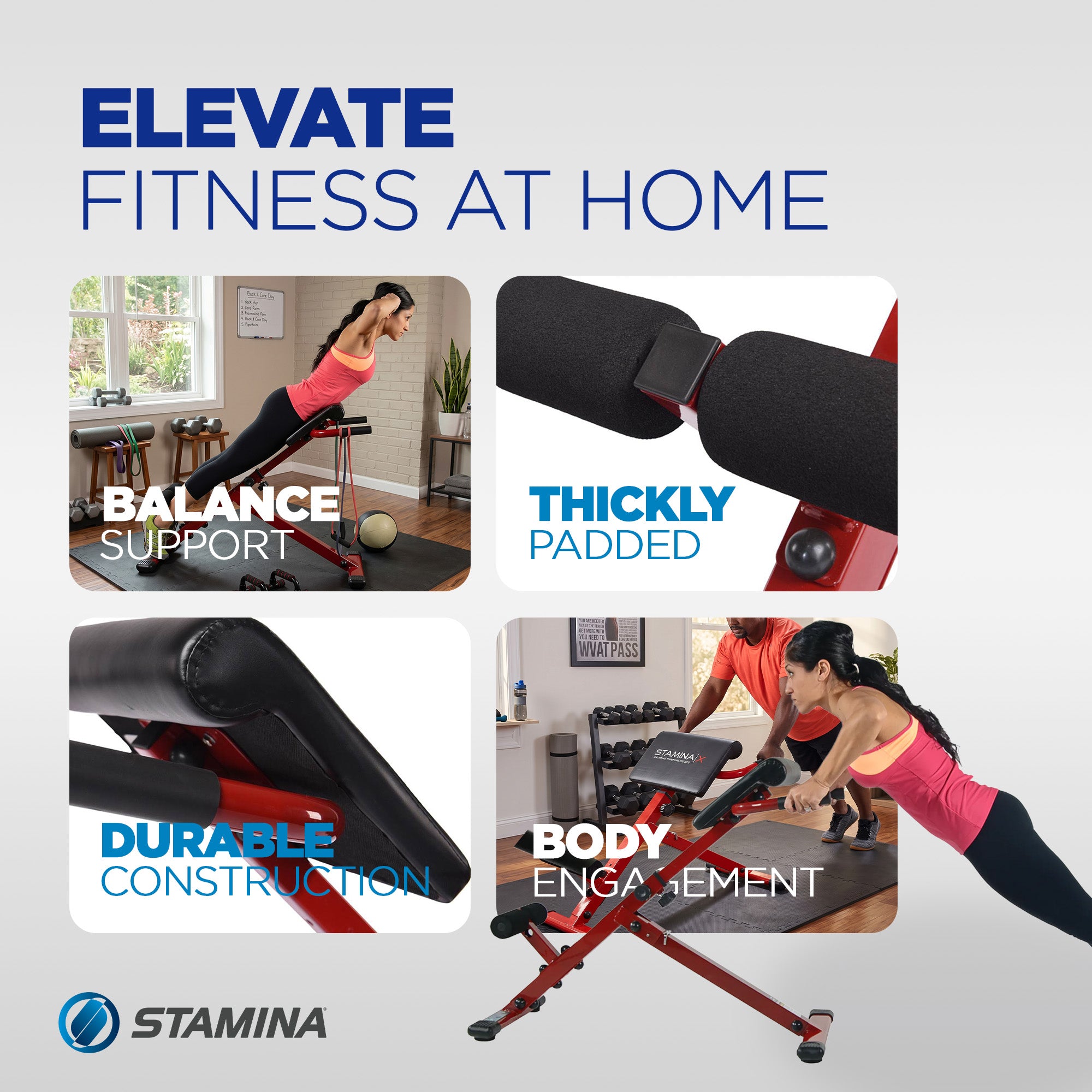 Stamina X Adjustable Ab Back Core Strength Exercise Fitness Hyperextension Bench - VMInnovations