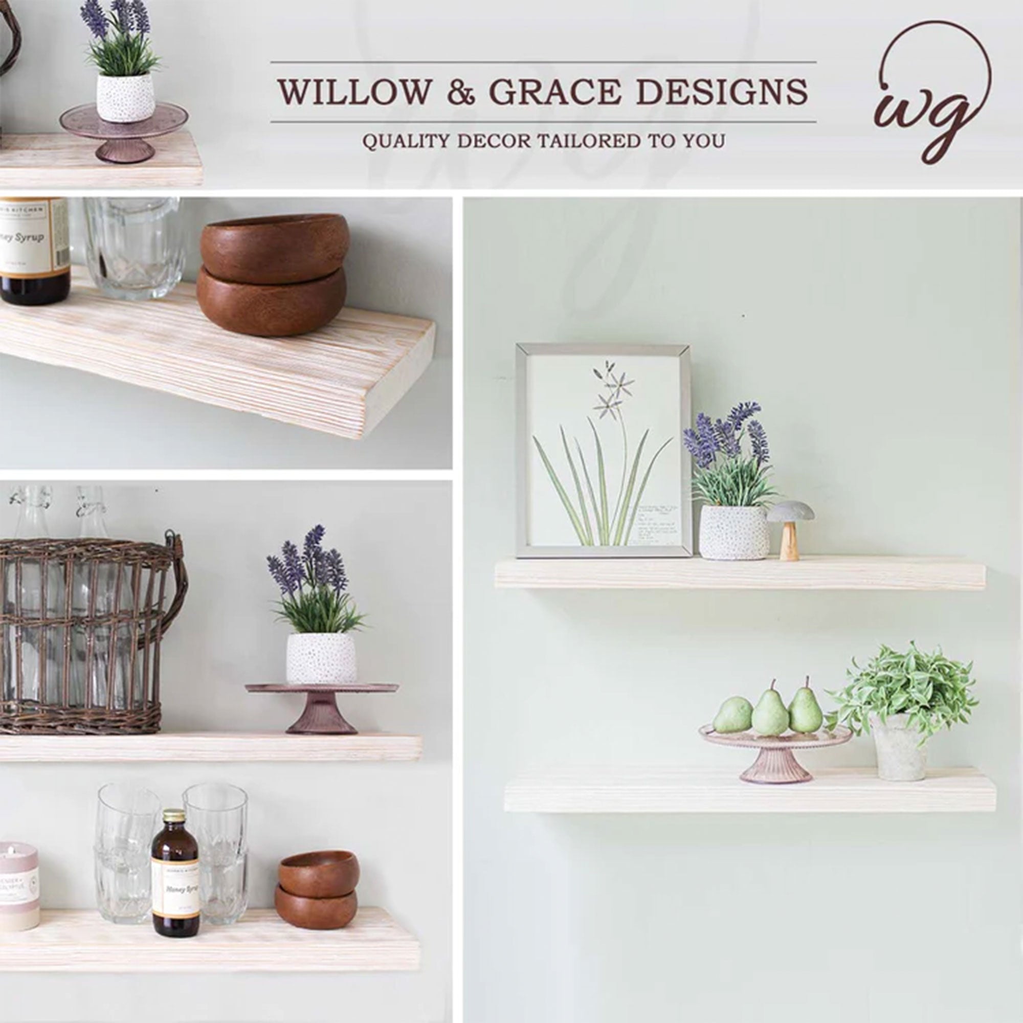 Willow & Grace Designs Floating Wall Mount Shelves, White Wash (36" Set of 2)