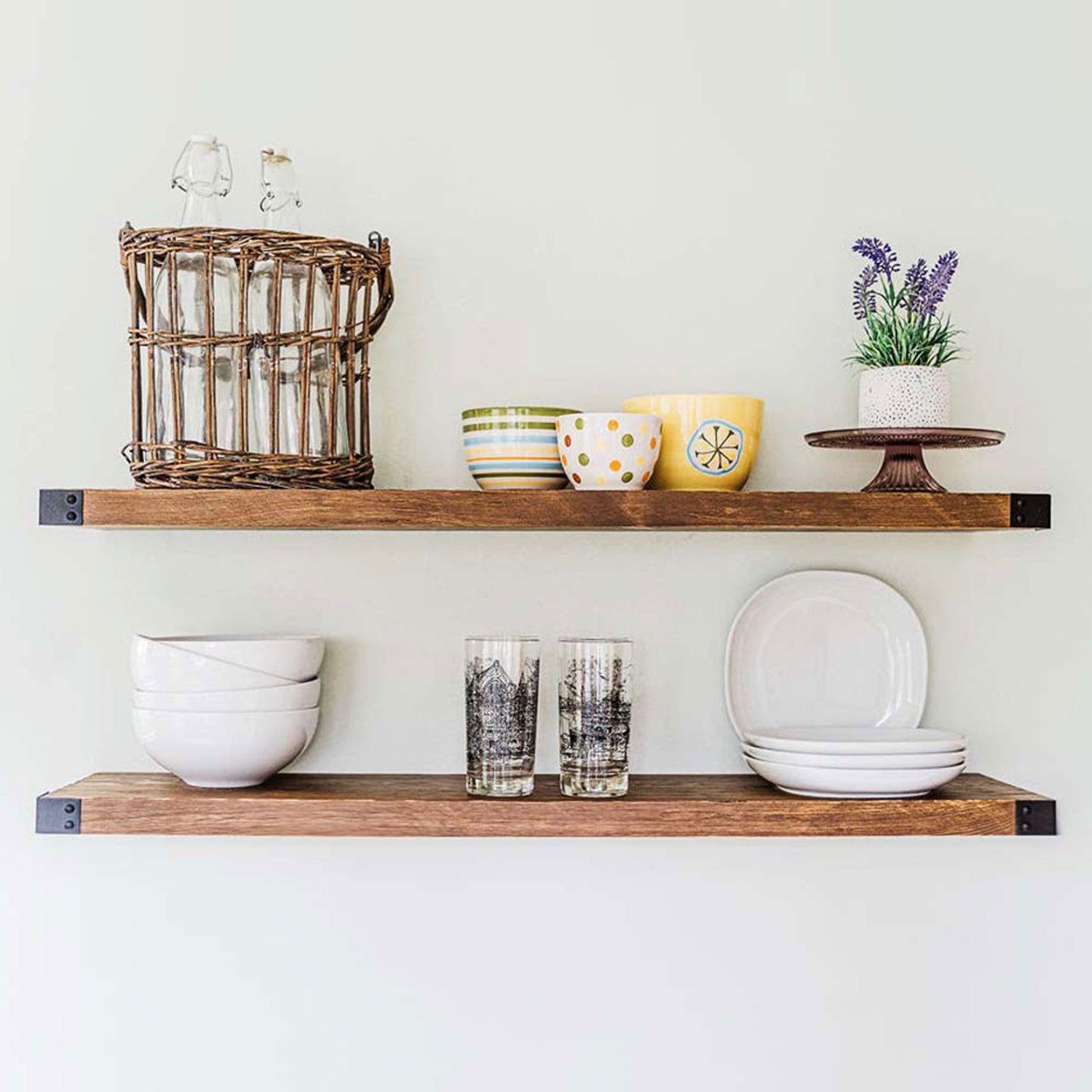 Willow & Grace Floating Wall Shelves w/Metal Accent, Walnut, 24 Inch, Set of 2
