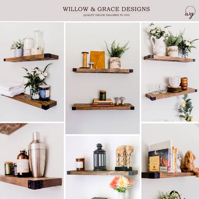 Willow & Grace Floating Wall Shelves w/Metal Accent, Walnut, 24 Inch, Set of 2