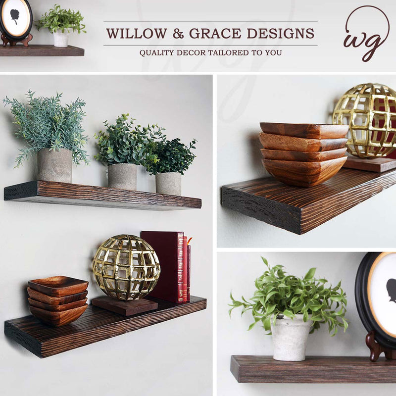 Willow & Grace Tom 24 Inch Floating Wall Mount Shelves, Dark Walnut (Open Box)