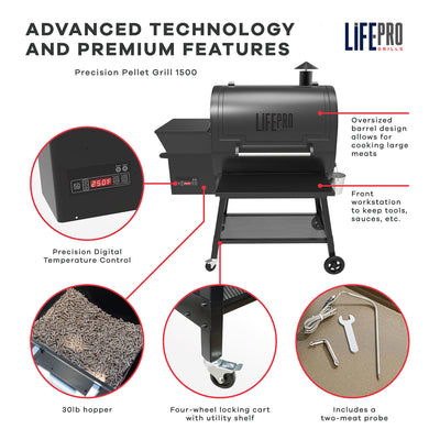 LifePro SCSP1500LP 1500 Square Inch Barrel Precision Wood Pellet Smoker Grill - VMInnovations