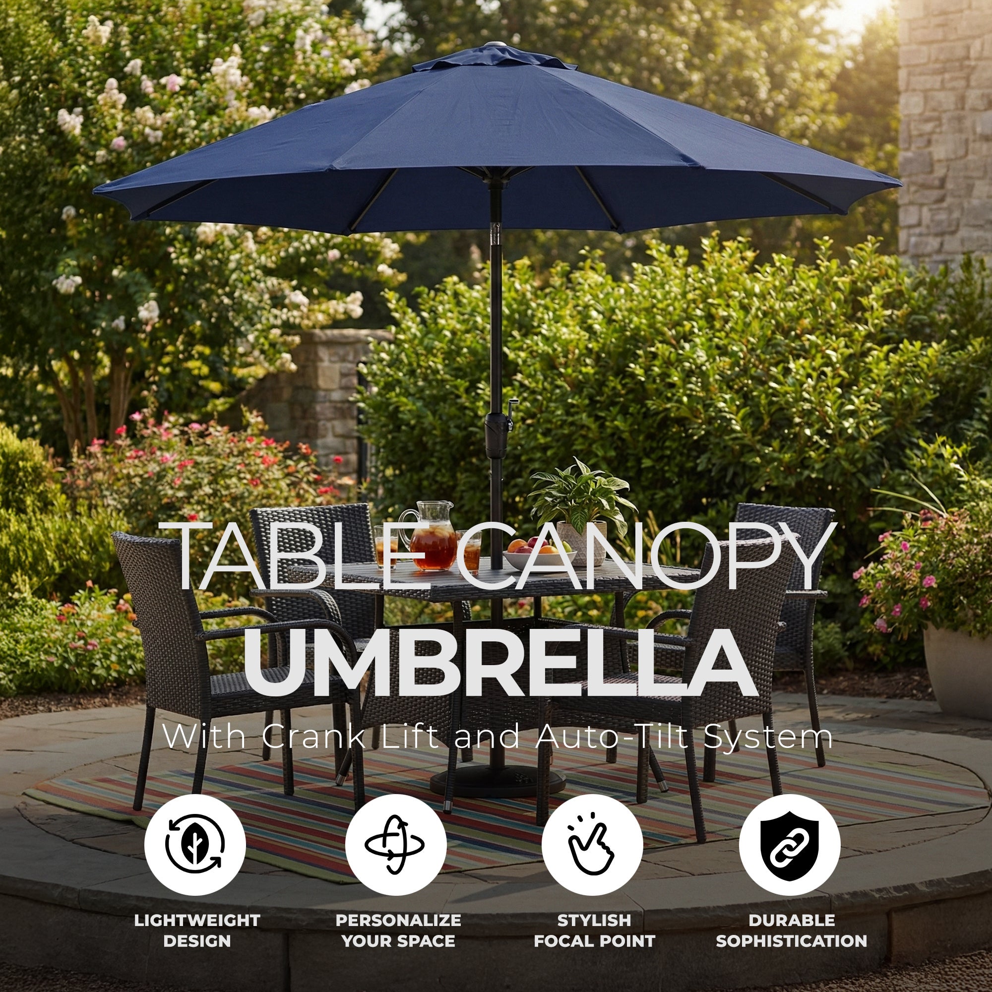 Four Seasons Courtyard 9 Foot Crank Lift Patio Umbrella, Navy (Open Box) - VMInnovations