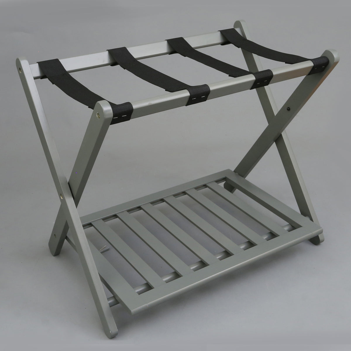 Casual Home Hotel Style Solid Pine Folding Luggage Rack with Shelf, Gray (Used)