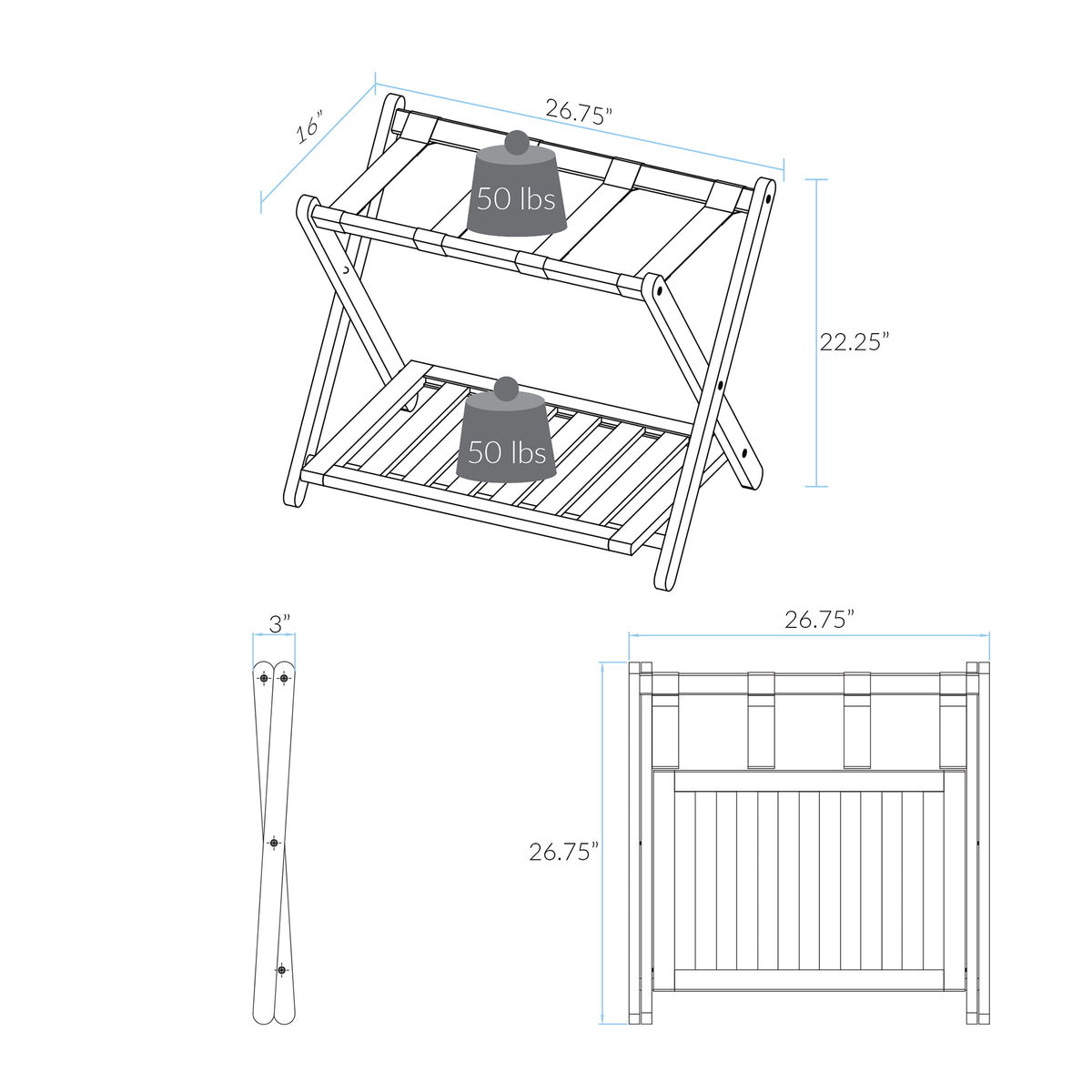 Casual Home Hotel Style Solid Pine Wood Folding Luggage Rack w/ Shelf (Open Box)