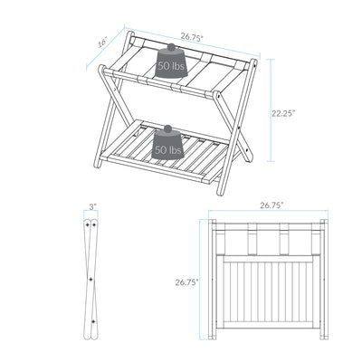 Casual Home Hotel Style Solid Pine Wood Folding Luggage Rack w/ Shelf (Open Box)