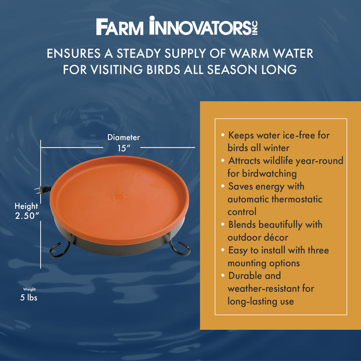 Farm Innovators All Seasons 3 In 1 Outdoor Heated Birdbath, 75 Watts, Terracotta
