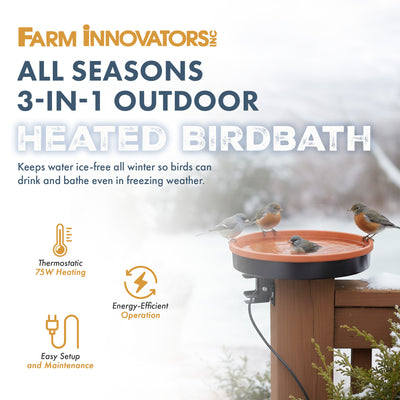 Farm Innovators All Seasons 3 In 1 Outdoor Heated Birdbath, 75 Watts, Terracotta - VMInnovations