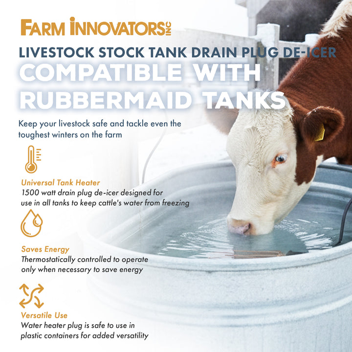 Farm Innovators Livestock Stock Tank Drain Plug De-Icer for Rubbermaid Tanks