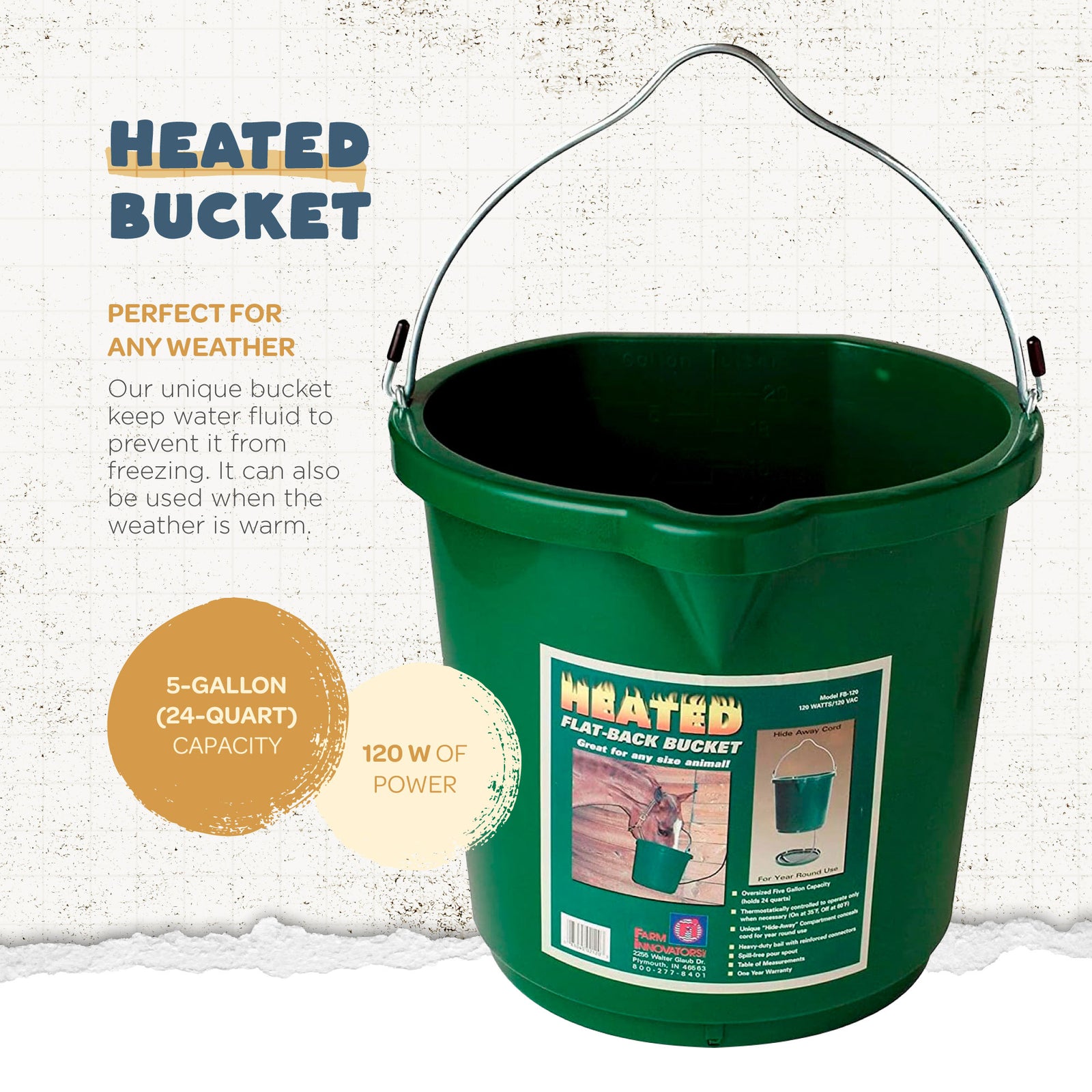 Farm Innovators FB-120 120-Watt Flat-Back Heated Water Bucket for Farm Animals, Green, 5 Gallons, Pack of 2 - VMInnovations