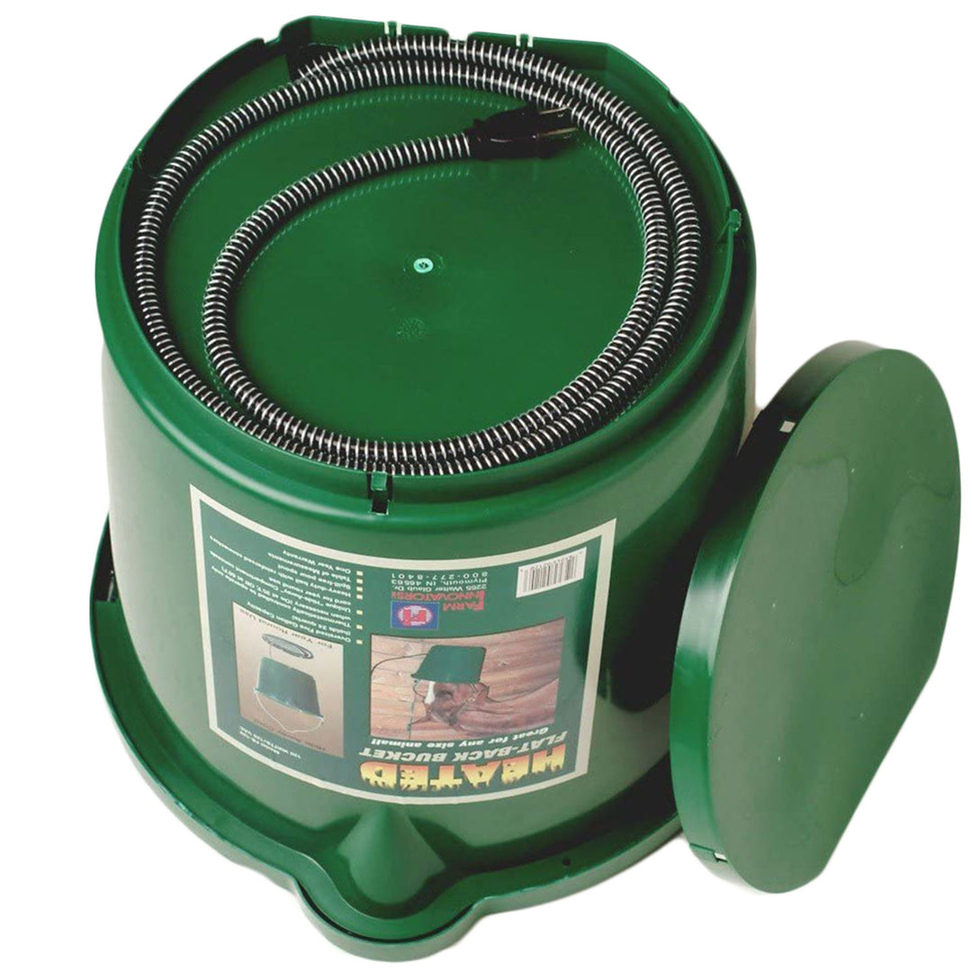 Farm Innovators FB-120 120-Watt Flat-Back Heated Water Bucket for Farm Animals, Green, 5 Gallons, Pack of 2 - VMInnovations
