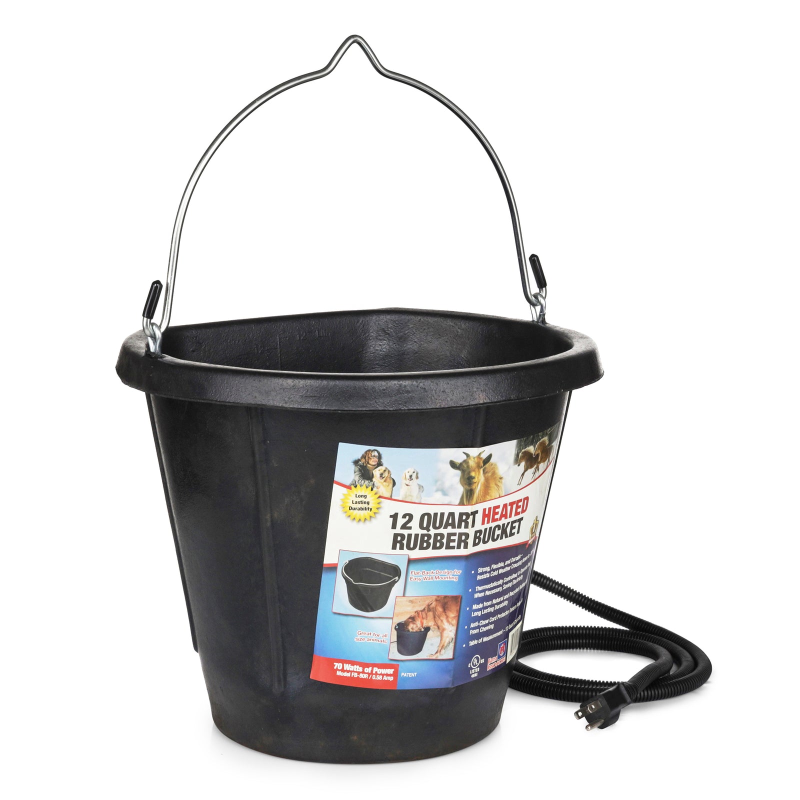 Farm Innovators FB-80R Rubber 3 Gallon Flat Back Heated Bucket, 70 Watt, Black - VMInnovations