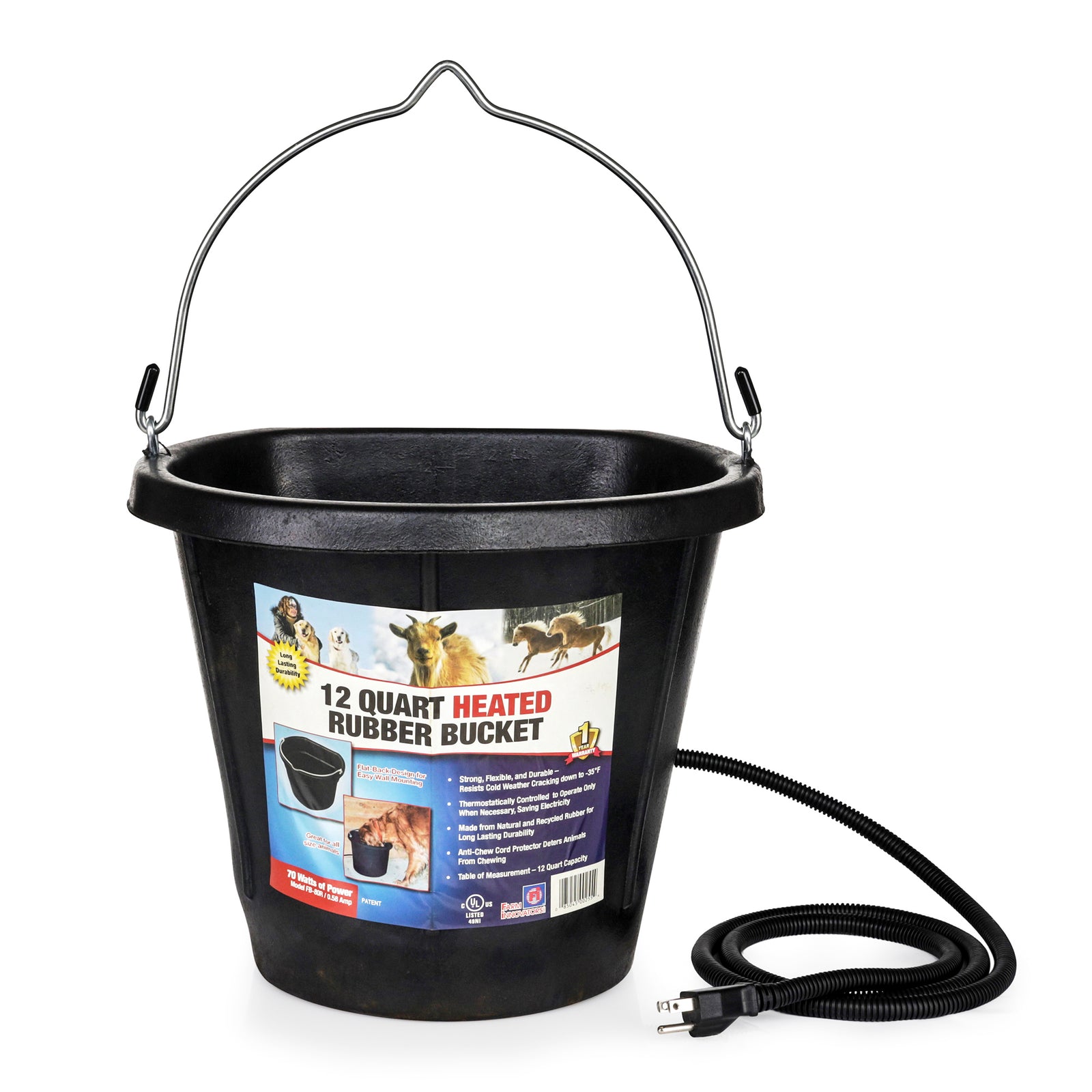 Farm Innovators Rubber 3 Gallon Heated Bucket, 70 Watt, Black (Open Box) - VMInnovations