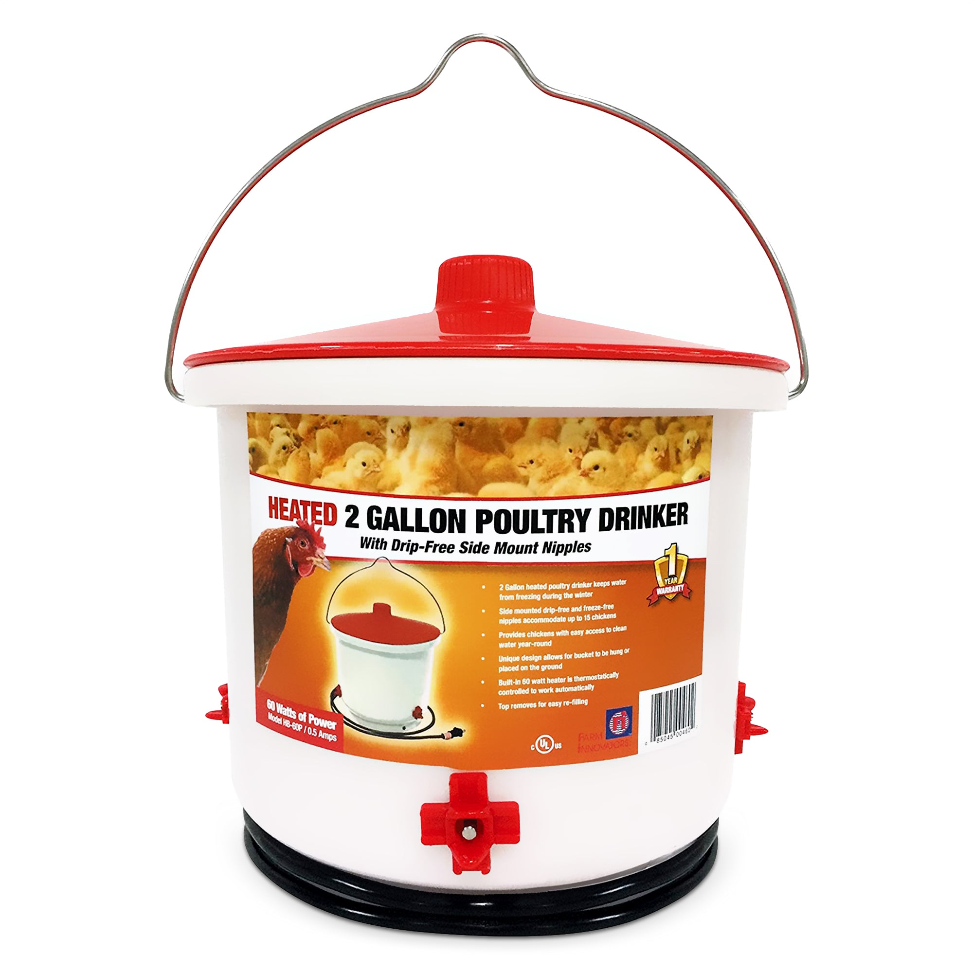 Farm Innovators HB-60P Heated 2Gal Poultry Bucket Drinker, White/Red (Open Box) - VMInnovations