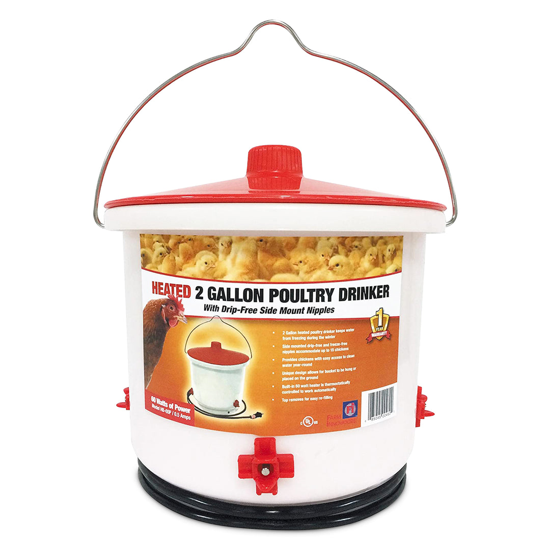 Farm Innovators HB-60P Heated 2Gal Poultry Bucket Drinker, White/Red (Open Box)