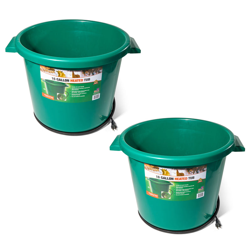 Farm Innovators 16 Gallon Plastic Heated Animal Water Bucket Tub, Green (2 Pack)