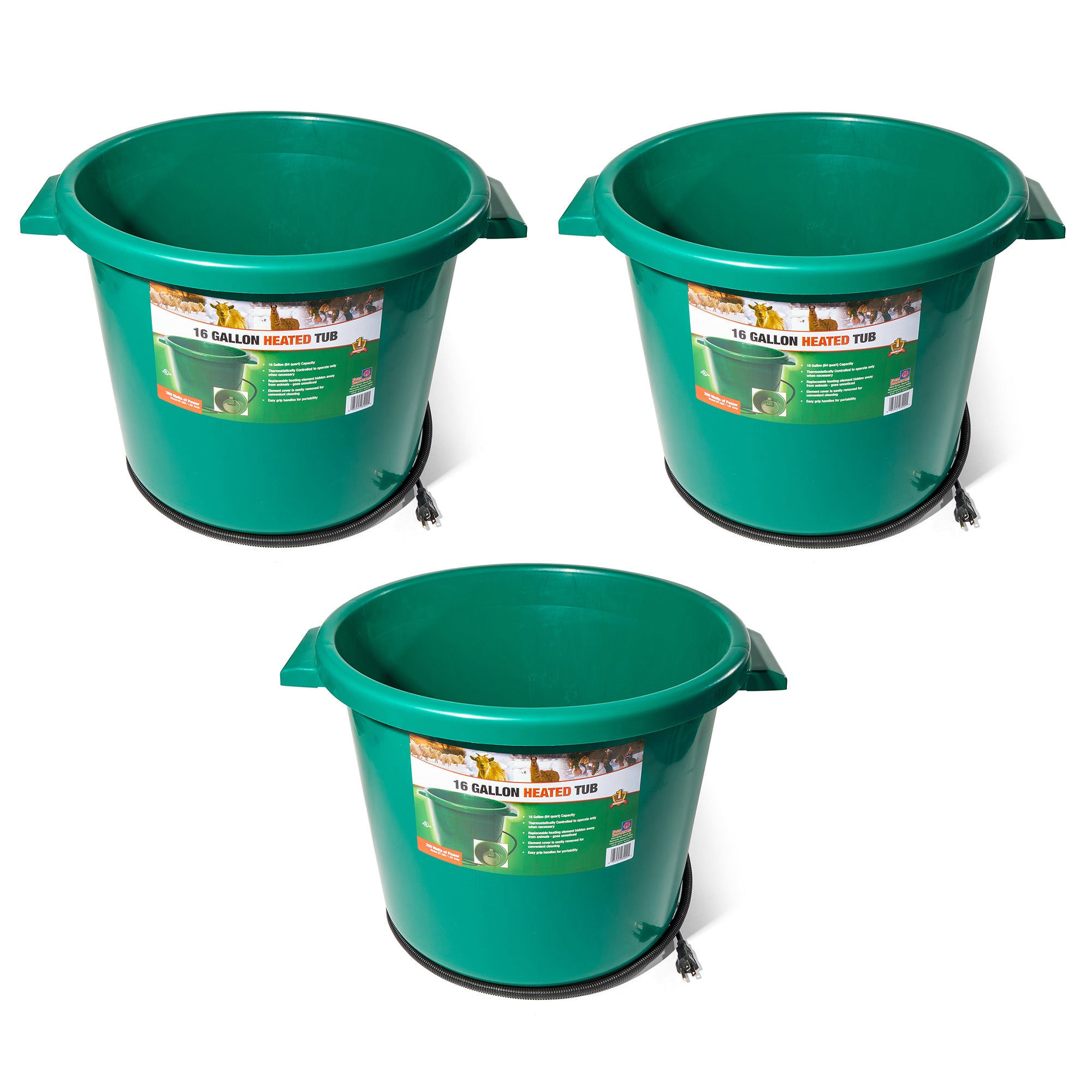 Farm Innovators 16 Gallon Plastic Heated Animal Water Bucket Tub, Green (3 Pack) - VMInnovations