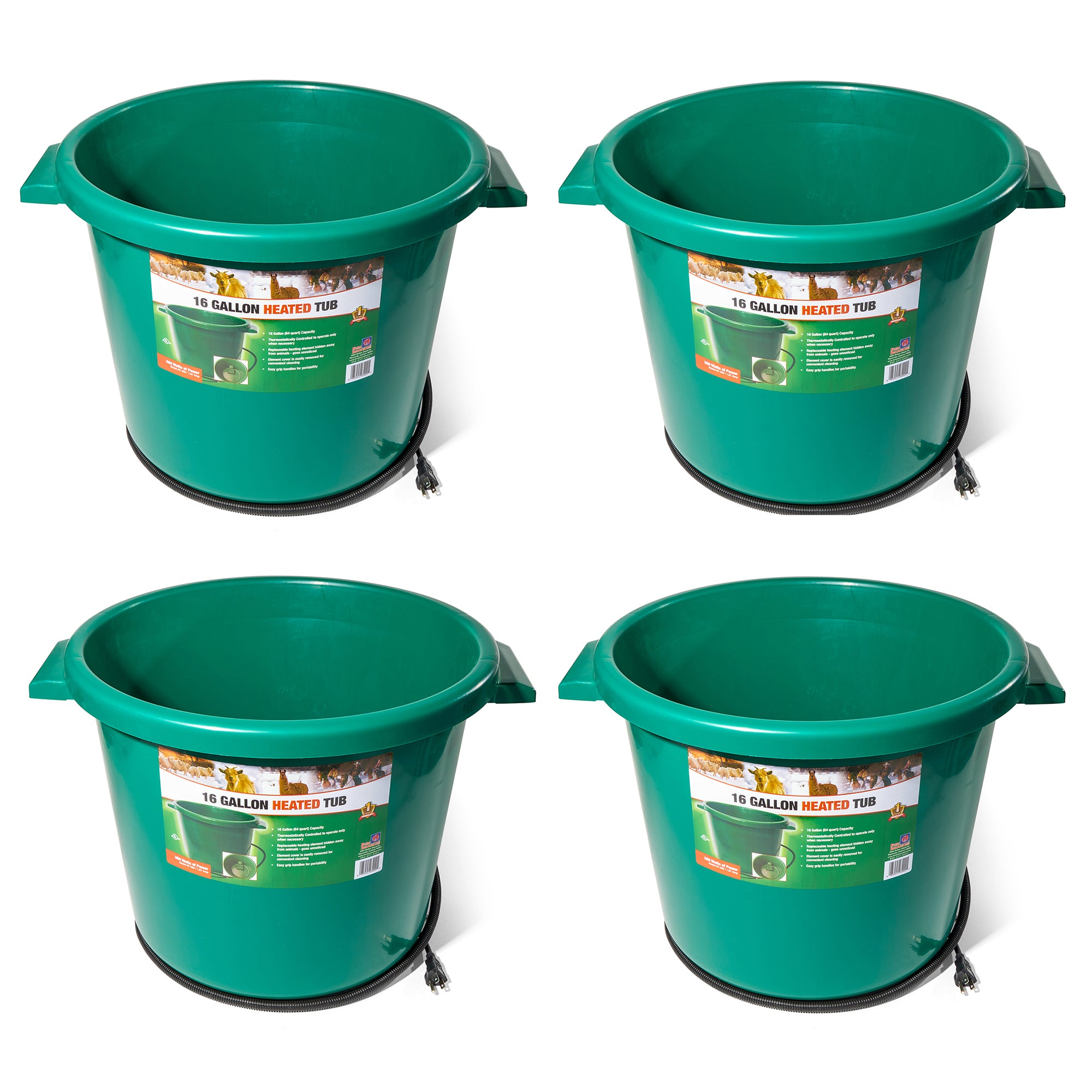 Farm Innovators 16 Gallon Plastic Heated Animal Water Bucket Tub, Green (4 Pack) - VMInnovations