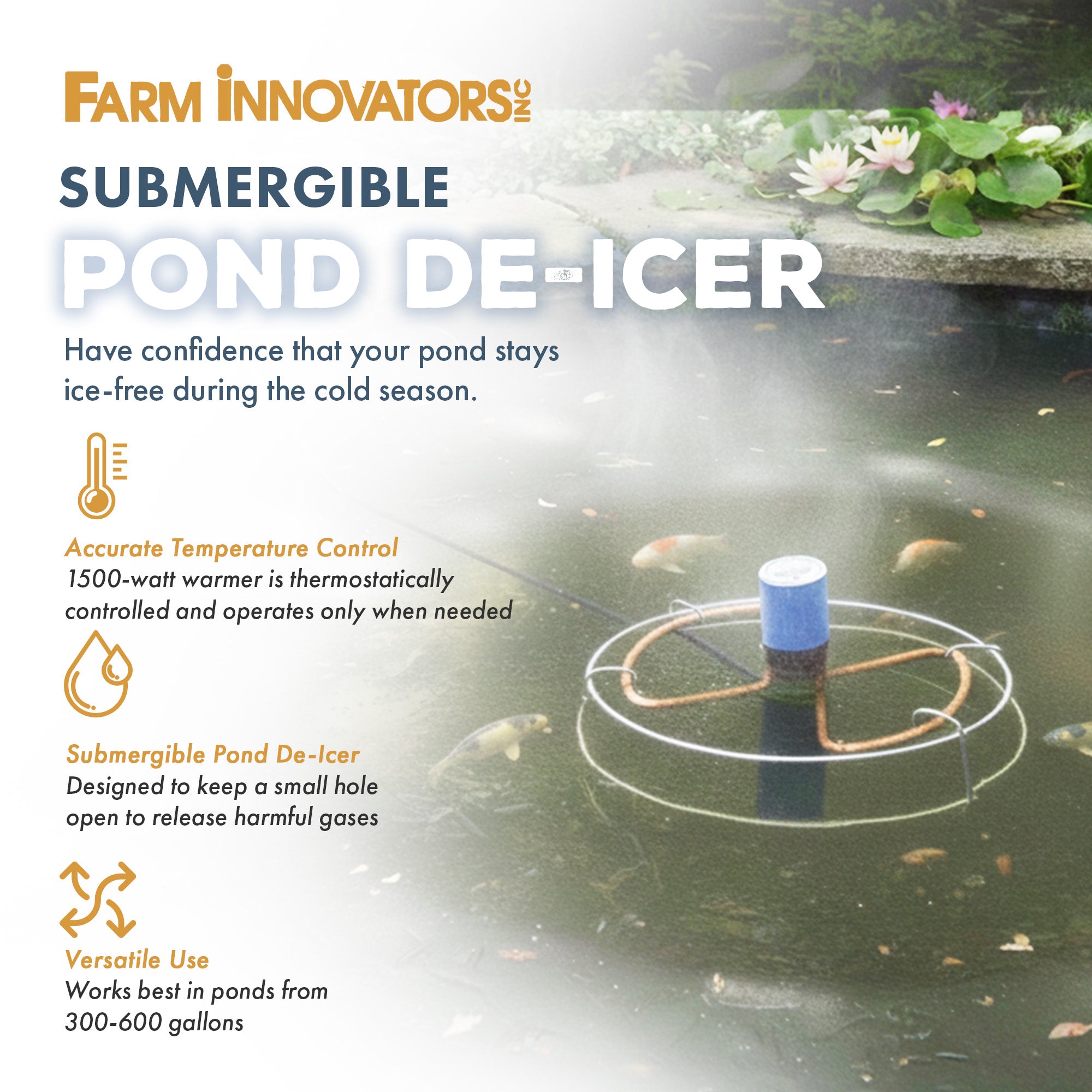 Farm Innovators P-429 Submergible 1500 Watt All Pond De-Icer Heater with Cage