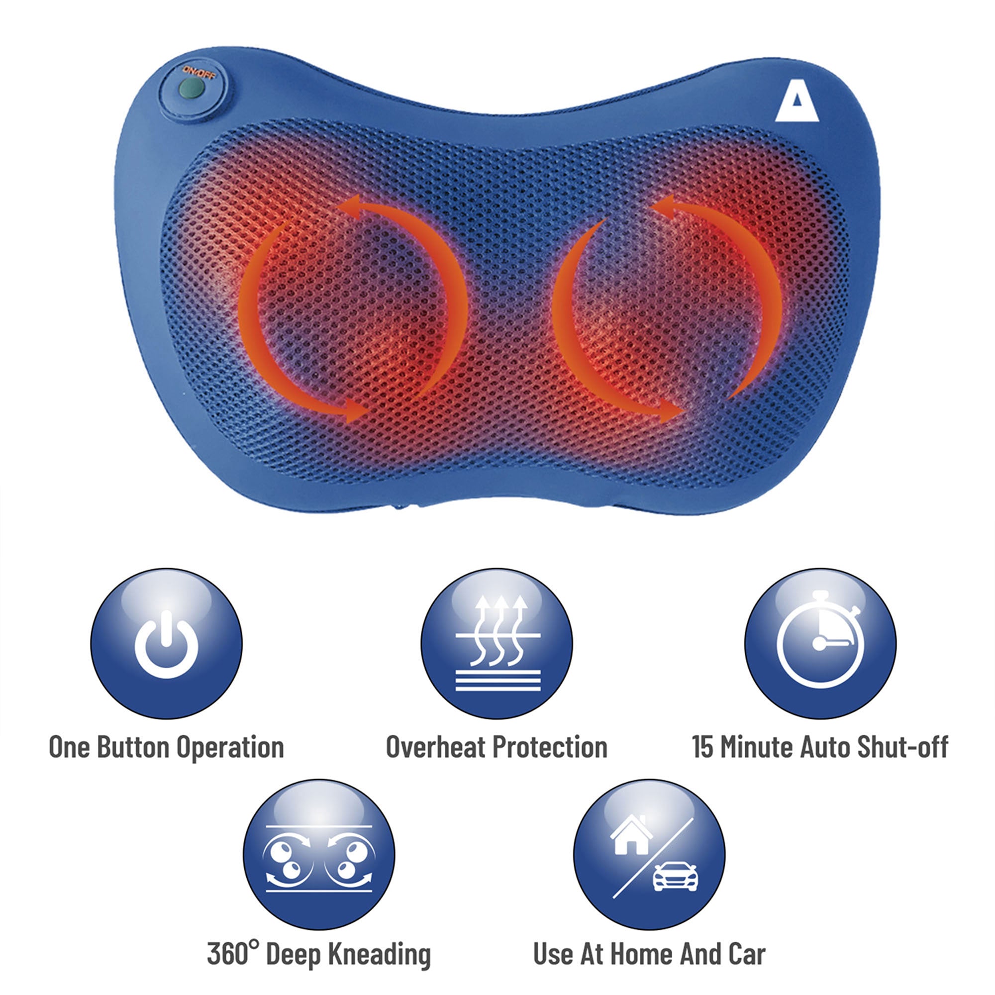 TRAKK Shiatsu Back and Shoulder Neck Heated Full Body Massager Pillow, Blue