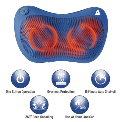 TRAKK Shiatsu Back and Shoulder Neck Heated Full Body Massager Pillow, Blue